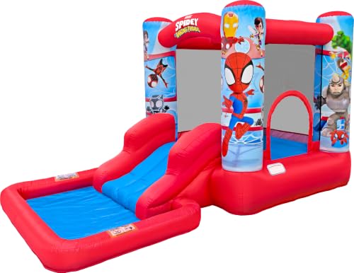 Funormous Spidey & Friends Bounce House Water Slide with Pool & Ball Pit, Inflatable Bouncer for Kids Ages 3–8 with Basketball Hoop, Water Misting System, Blower & Carry Bag