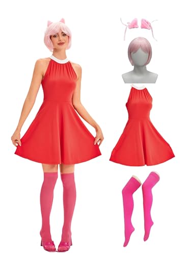 Leevuyu Women 4 Pcs Costume Dress Outfit Accessories Sets Red Halter Tank Dresses with Leggings Wig Ears Headband