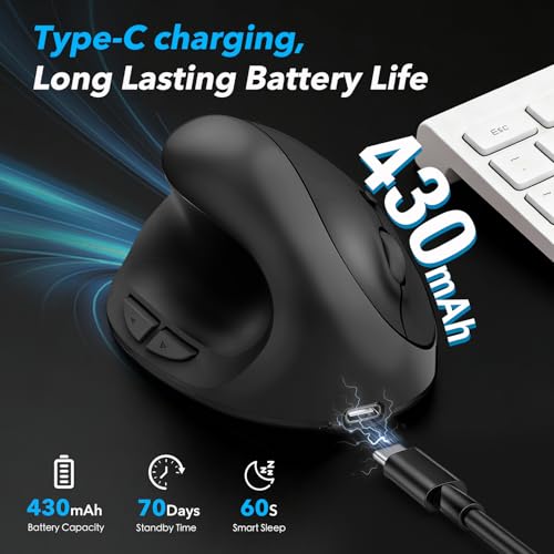 Image of Left Hand Ergonomic Vertical Wireless Mouse Type C Rechargeable 6-Btn Mice