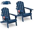 IVY&LANE Folding-Adirondack-Chairs-Set-of-2 | HDPE Plastic | Outdoor Fire Pit Chair with Cup Holder | Blue | Poly | Weather Resistant | for Patio Deck Poolside Garden Beach