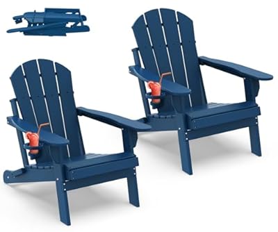 IVY&LANE Folding-Adirondack-Chairs-Set-of-2 | HDPE Plastic | Outdoor Fire Pit Chair with Cup Holder | Blue | Poly | Weather Resistant | for Patio Deck Poolside Garden Beach