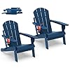 IVYLANE Folding Adirondack Chairs Set of 2 HDPE Plastic Outdoor Fire Pit Chair with Cup Holder Blue Poly Weather Resistant for Patio Deck Poolside Garden Beach