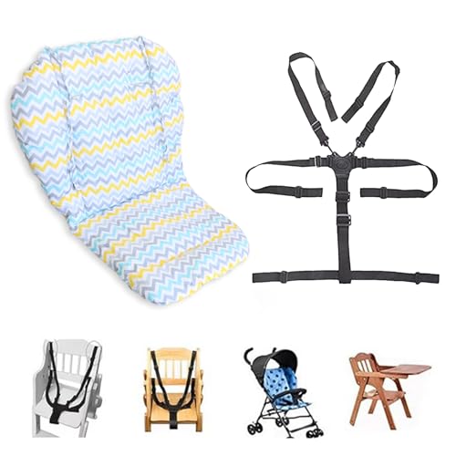 Image of Kocpudu High Chair Cushion, Seat Cushion, Breathable Pad, with Baby High Chair Seat Belt, 2 Pieces, Soft and Comfortable, Make The Baby More Comfortable (Colourful Wave Stripes) (Colourful)
