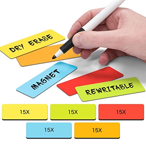 2DOBOARD Tiras magnéticas para Escribir - 7,5 cm x 2,5 cm Multicolor - 75 Unidades - Planificador semanal - para pizarras magnéticas y refrigeradores - Rojo, Verde, Naranja, Azul, Amarillo Cover