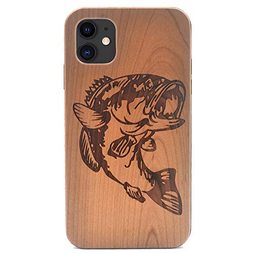 iPhone 11 Wood Case 2019, Bass Fish Handmade Carving Real Wood Case Wooden