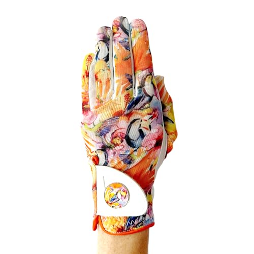 Hand Candy Golf Glove – Premium Cabretta Leather – “Tropical Toucan” – Left Hand Women's Golf Glove with Matching Ball Marker (Medium)