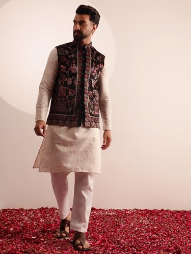 Image of SOJANYA Men's Cotton Silk Cream Kurta & White Pyjama With Velvet Paisley Design Nehru Jacket