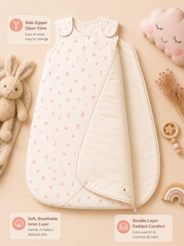 Image of TuddyBuddy Baby Cotton Wearable Quilted Sleeping Bag Blanket 1.5 Tog with 2 Way Zipper Closure | Ideal for Babies & Kids Hypoallergenic Fabrics | (Pink Butterflies - Off White, 0-6 Months)