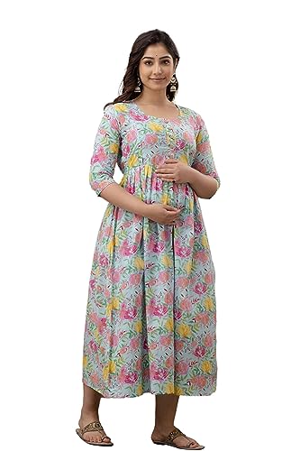 Image of The Moon Star Women's Cotton Floral Printed Anarkali Maternity Feeding Kurti | Breastfeeding Dress for Mothers | Zipper Feeding Kurti, Nursing Kurti, Comfortable and Trendy Maternity Wear