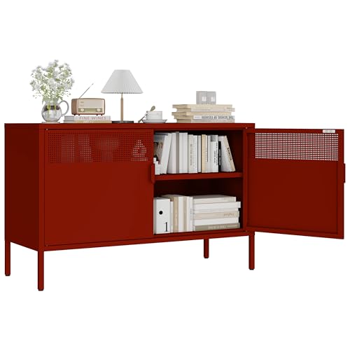 FIRMET Metal Storage Cabinet with 2 Doors & Adjustable Shelves, 25" H Red Accent Cabinet, Metal Locker Storage Cabinets, Tv Stand Cabinet for Home, Office, Living Room, Entryway