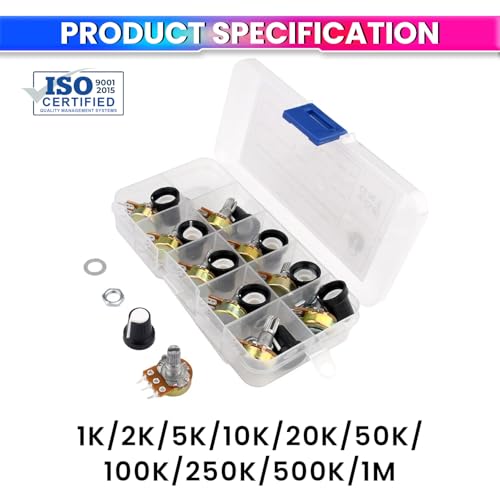 Image of 10Pcs Potentiometer Kit with Switch & Cap | Adjustable Resistors 1K /2K /5K /10K /20K /50K /100K /250K /500K /1M | Durable Carbon Film & Metal Build with 10 Knobs, Nuts & Washers in Storage Box