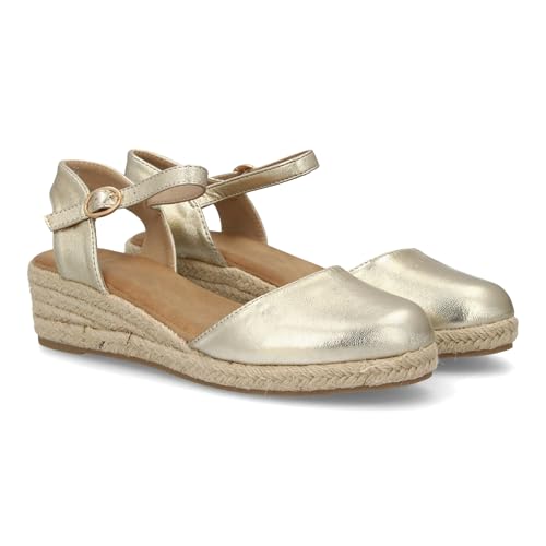 100277 Sandalia Alpargata de mujer con cuna de esparto y puntera cerrada, talon abierto con cierre de hebilla. Cuna baja con plataforma ligera ideal para uso diario en primavera verano Oro Talla 39