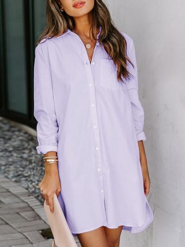 Image of Aoudery Womens Button Down Shirt Dresses with Pockets Cotton Button Up Tunics Long Sleeve Solid High Low Blouse Tops