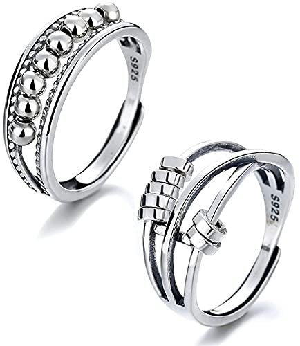 LETINE 2Pcs Anti Anxiety Rings For Women Men, Fidget Band Ring with Beads Spinner Rings for Anxiety, Unisex Adjustable Stacking Spinning Worry Ring Size 6-10 (Silver)