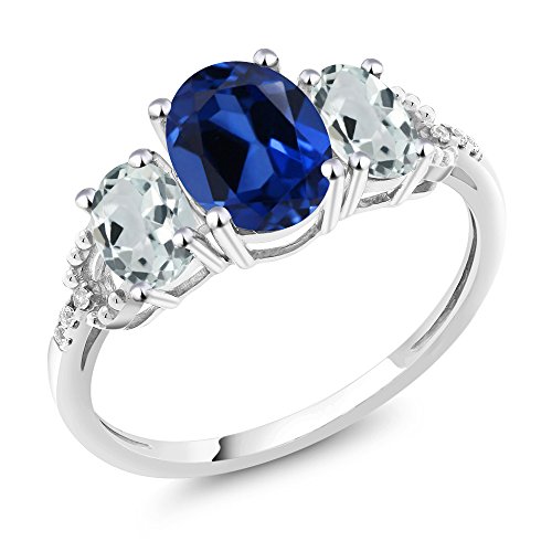 Gem Stone King 10K White Gold Blue Created Sapphire Sky Blue Aquamarine and Diamond Accent 3-Stone Women Engagement Ring (2.51 Cttw, Available in size 5, 6, 7, 8, 9)