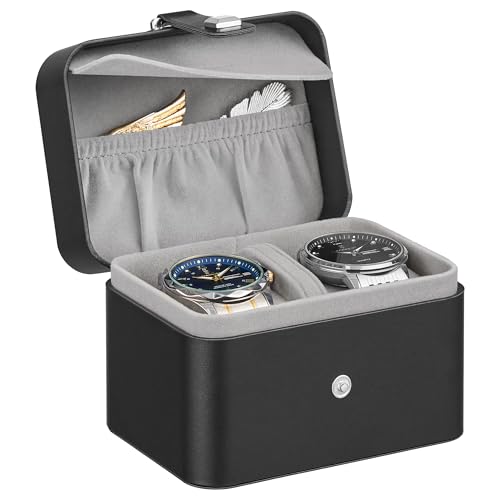 SONGMICS 2-Slot Watch Travel Case Watch Box for 2 Watches Pillow with Hidden Storage Adjustable Divider Flap Pocket 10.1 x 12 x 8.5 cm Gift Idea Ink Black Surface Dove Grey Lining JWB029GD01