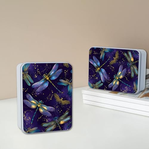 Image of Metal Tin Box with Lid,Multi-functional Storage Large Box Can Store Tea Biscuits Game Cards, Playing & Tarot Cards-Comes with 4 Magnetic Cord Clips,Dragonfly Fantasy