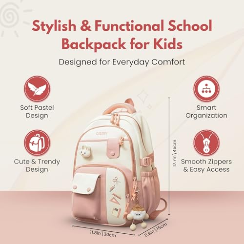 Image of Cute School Backpack for Girls - Stylish Pink & White Large Capacity Bookbag with Plush Keychain, Multiple Pockets, Lightweight Travel & College Bag
