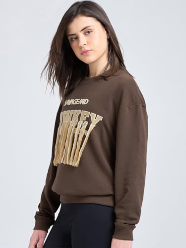 Image of Bewakoof Women's Embroidered Oversized Fit Full Sleeve Round Neck Cotton Blend Sweatshirt