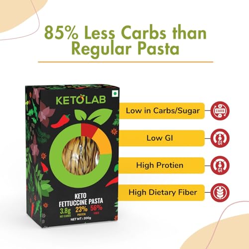 Image of Ketolab Keto Fettuccine Pasta (Flat noodles), 200 Gms, 1 Pack, 3.8g Net Carb & 23% High Protein /Serving, Identical to Regular Pasta, Low Carb, High Fibre, Low GI, Keto Diet, Diabetic Friendly