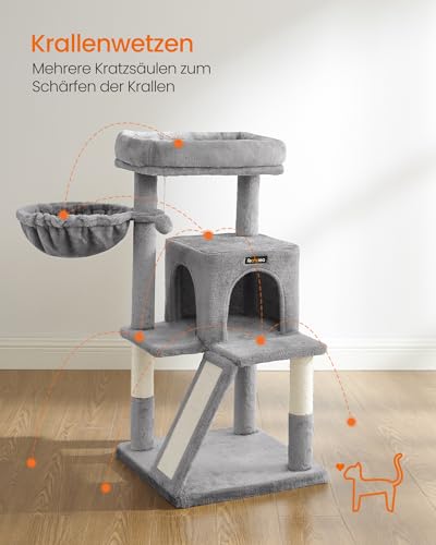 Feandrea Kratzbaum, 96 cm hoch, Katzenbaum mit großer Plattform, Katzenkratzbaum mit Katzenhöhle, Hängematte, Kratzrampe, Plüschball, weicher Plüsch, hellgrau PCT51W