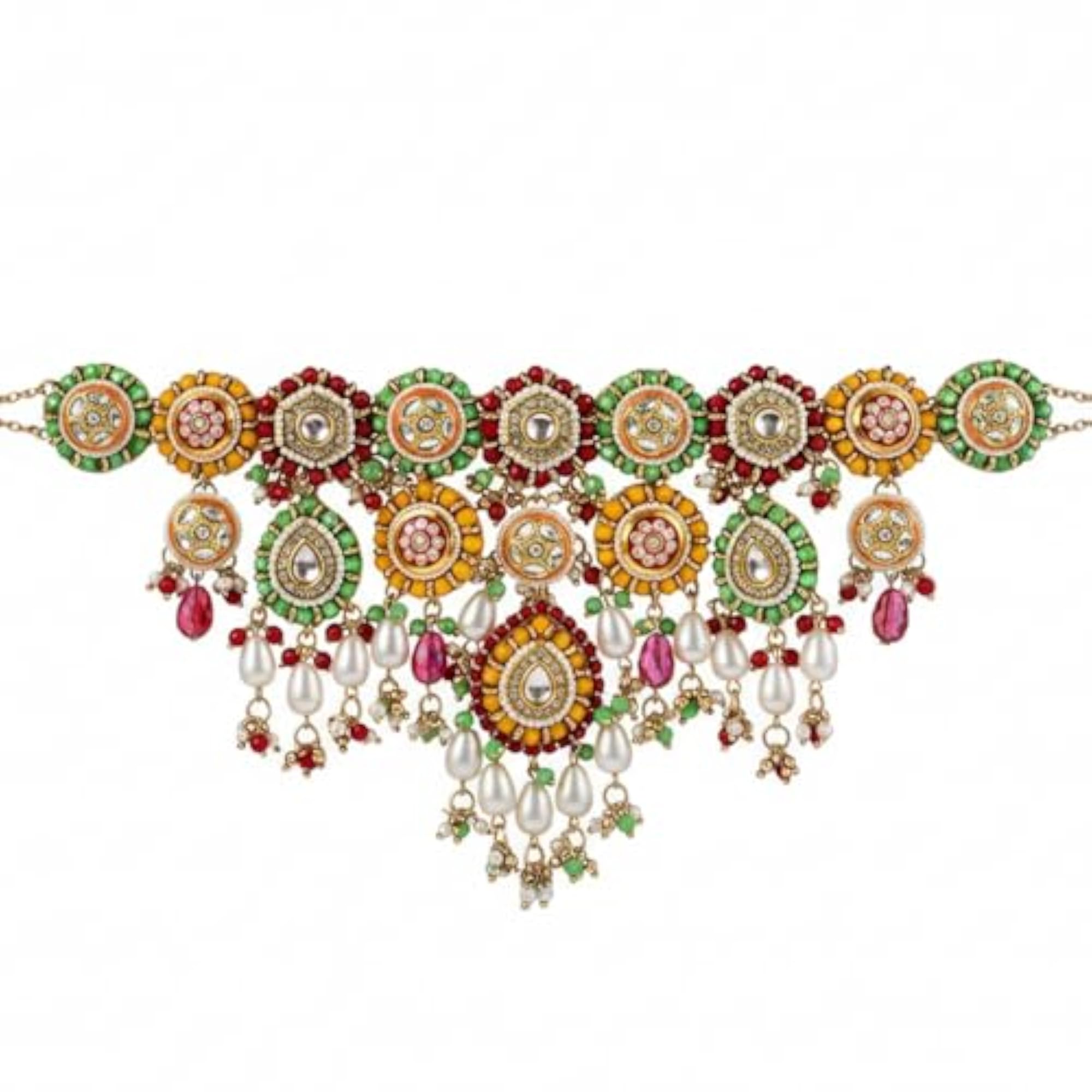 Women's Multi Color Enamelled Kundan Necklace with Pearls