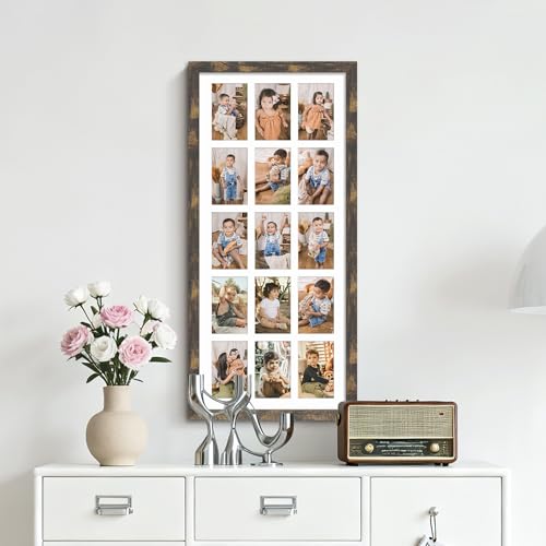Image of DUENPY 14x32 Picture Frame 4x6 Collage Picture Frame Displays Fifteen 4x6 inch Photos Collage Wall Decor Wall Hanging Brown