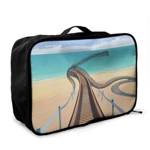 Leather Travel Carry On Tote Weekender Bag, Large Overnight Storage Bag, Lever To Hang Bags For Women Men Beach Roller Coaster Art