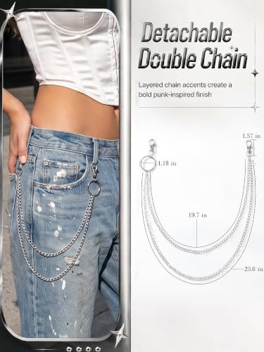 Image of Studded Double Grommet Belt with Chains for Women Men Teens | Y2K Punk Goth Belt, Womens Double Hole Belts for Jeans /Pants /Skirts, Grunge Adjustable Leather Belt for Fashion /Festival