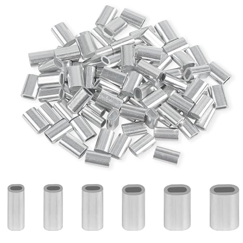 FUSIGO Aluminum Fishing Line Crimp Sleeves, 120pcs Single Barrel Oval Crimping Loop Sleeves Tubes Fishing Line Connector Fishing Wire Leader Rigging Tackle for Wire Rope Cable (4.1 * 2.0mm-120pcs)