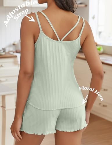 Image of Ekouaer Womens Cami Pajama Sets 2 Piece Ribbed Knit PJs Tank Top and Shorts Set Lingerie Sleepwear
