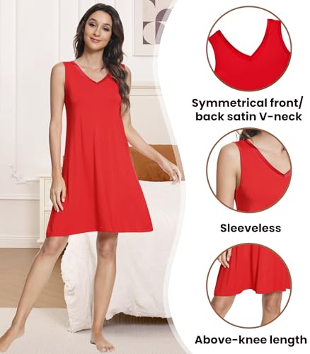 Image of NACHILA Nightgowns for Women-Viscose Made from Bamboo V Neck Nightshirts | Sleeveless Sleep Dress,Satin Sleepshirts,Anti-pilling nightshirt,Moisture-wicking Sleepwear for night sweats,Cooling,OEKOTAX