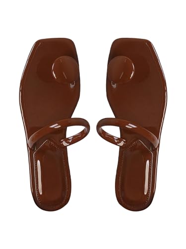 Image of SweatyRocks Women's PU Leather Open Square Toe Thong Sandals Round Decor Outdoor Flat Sandals
