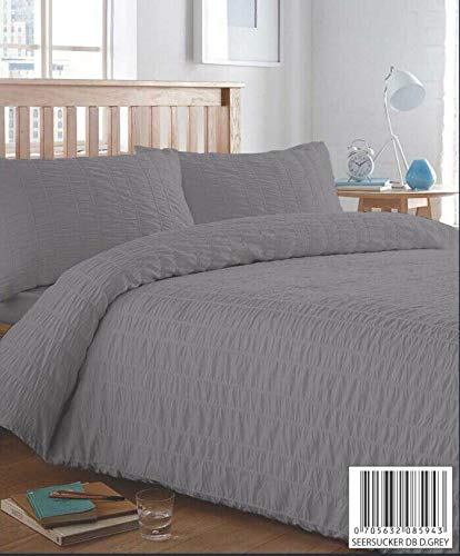 SEERSUCKER STRIPE EASY CARE PUCKERING COTTON RICH DUVET COVER & PILLOWCASE/S BEDDING BED LINEN SET (Grey, Double)