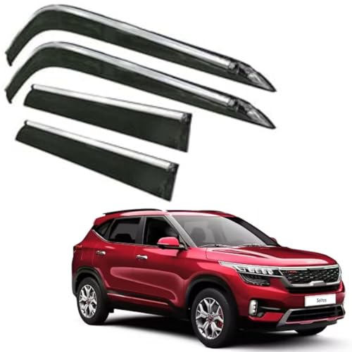 Image of CAR SAAZ Side Door Visors for SELTOS (2019-2023)(Set of 4Pcs)|Chrome Lined Rain Guards, Polycarbonate, Smoke Finish