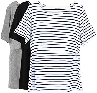 Smallshow 3 Pcs Maternity Nursing T-Shirt Nursing Tops White Stripe-Black-Grey Medium