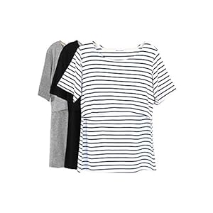 Smallshow-Womens-Maternity-Nursing-Tops-Short-Sleeve-Breastfeeding-Clothes Smallshow 3 Pcs Maternity Nursing T-Shirt Nursing Tops White Stripe-Black-Grey Medium