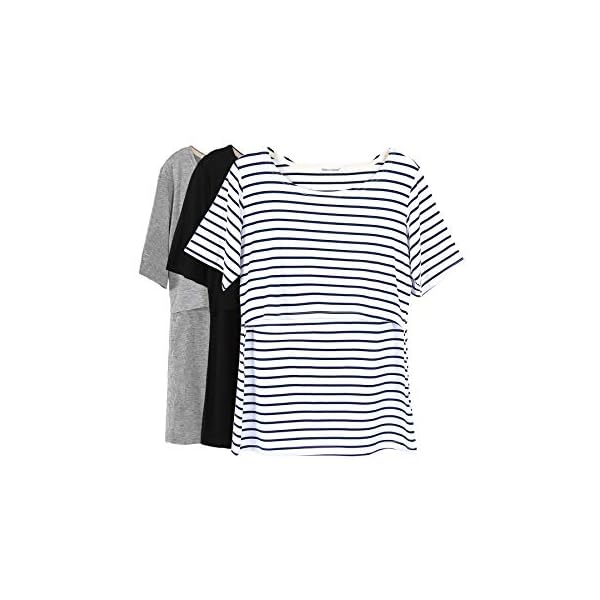 Smallshow-Womens-Maternity-Nursing-Tops-Short-Sleeve-Breastfeeding-Clothes Smallshow 3 Pcs Maternity Nursing T-Shirt Nursing Tops White Stripe-Black-Grey Medium
