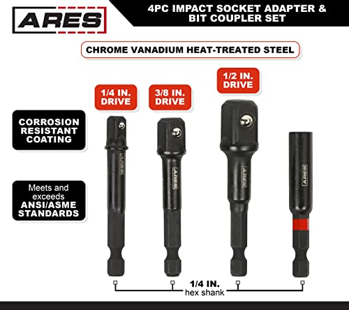 Ares 22033 – 4-Piece Impact Grade Socket Adapter And Bit Coupler Set - Turns Impact Drill Driver Into High Speed Socket Driver - 1/4-Inch, 3/8-Inch, And 1/2-Inch Drive – Magnetic Bit Holder #TOP2