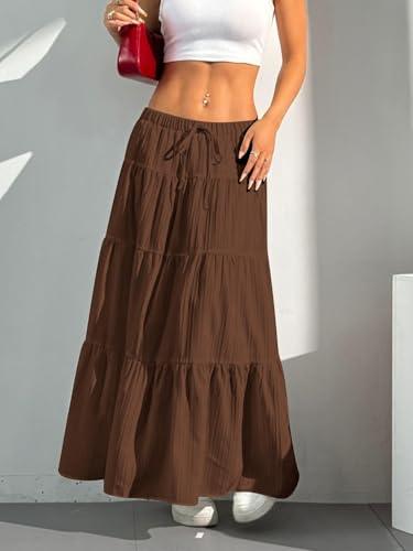 Image of Verdusa Women's Long Maxi Skirt Boho Flowy Flared Ruffle Skirts 2026 Beach Vacation Summer Going Out Outfits