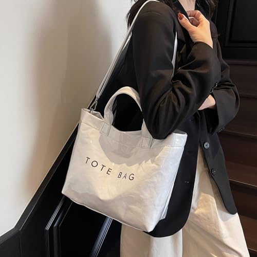 Image of PVC Tote Bag for Women Solid Color Large Letter Print Tote Bag Kraft Paper Clear Plastic Handbag Top Handle Bag