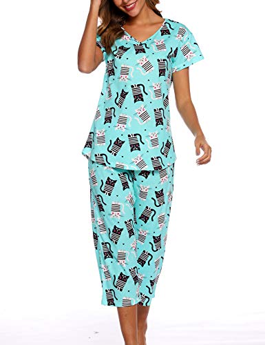 Image of ENJOYNIGHT Womens Pajama Sets Cotton Pj Set Short Sleeve Top With Capri Pants Sleepwear 2 Piece Lounge Set