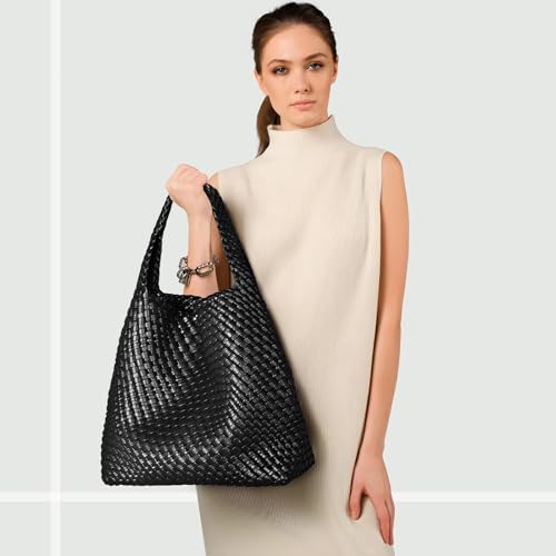 oscaurt Tragetasche für Damen, gewebte Ledertasche, gewebte Tragetasche, Damen-Handtaschen, Schultertaschen, Einkaufstasche, Top-Griff, Tasche mit Beutel, Geldbörse, Schwarz , Large