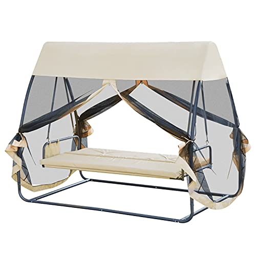 Outsunny Balancelle de Jardin Convertible 3 Places Grand Confort : Matelas Assise Dossier, moustiquaire intégrale zippée avec Toit, Pochette Rangement métal époxy Polyester Beige