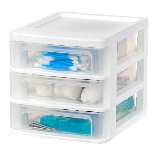Image of IRIS USA 4-Pack 3-Drawer Small Desktop Organizer, Stackable, White | Keep dorm desks tidy with drawers for school supplies, makeup, chargers, snacks and everyday college essentials