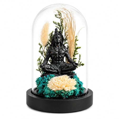 Image of eCraftIndia Lord Shiva Meditating Statue in Glass Dome for Home Decor | Decorative Shiv Idol with Preserved Flowers | Spiritual Showpiece for Living Room, Office, Temple & Gifting