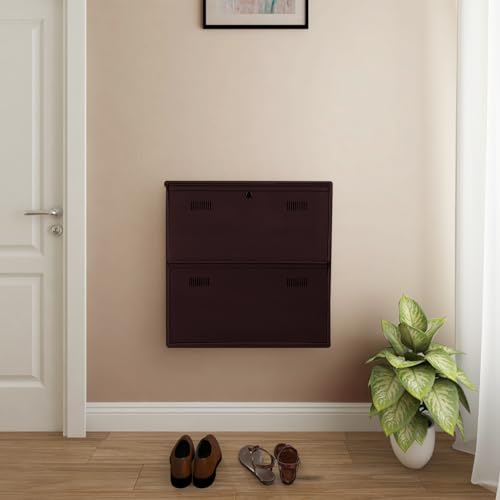 Image of Metal Shoe Rack Wall Mounted for Home with Central Locking | 2 Door 28 inch Wall Mounted Metal 6 Pair Shoe Rack Cabinet | Pre-Assembled Rack Shelves | 3 Year Warranty (Brown)