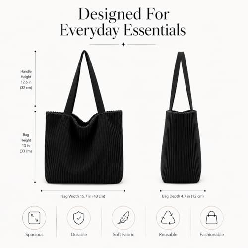 Image of Kawn Korean Tote Bag Aesthetic Corduroy Canvas Handbag for Women Zipper Casual Large Capacity Shoulder Bag with Pockets Versatile Everyday use for College Work Travel & Shopping