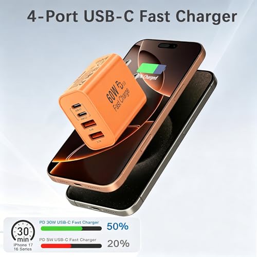 Image of 60W USB C Charger Block,2Pack 4-Port GaN USB C Charger Fast Charging Wall Plug Dual Type C+Dual USB-A Port Multiport Power Adapter Cube for iPhone 17 Pro Max /16 /15 /14 /13 /12 /11,iPad Pro /Air /Mini-Orange