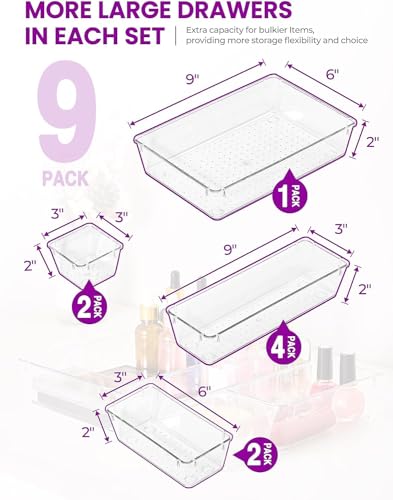 Image of Clear Plastic Drawer Organizers Set, 4-Size Versatile Bathroom and Vanity Drawer Organizer Trays, Storage Bins for Makeup, Bedroom, Kitchen Gadgets Utensils and Office (9 PC NEW SET)